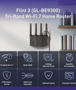 GL.iNet Flint 3 (BE9300) Tri-Band WiFi 7 Router: Ultrahoge Snelheid, Gaming & 5x 2.5G Poorten