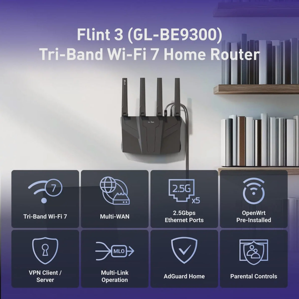 GL.iNet Flint 3 (BE9300) Tri-Band WiFi 7 Router: Ultrahoge Snelheid, Gaming & 5x 2.5G Poorten