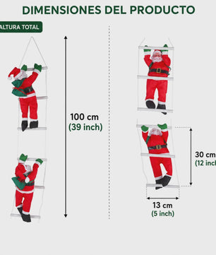 100cm Kerstman aan Ladder - Hangend Kerstdecoratie Ornament met Cadeauzak