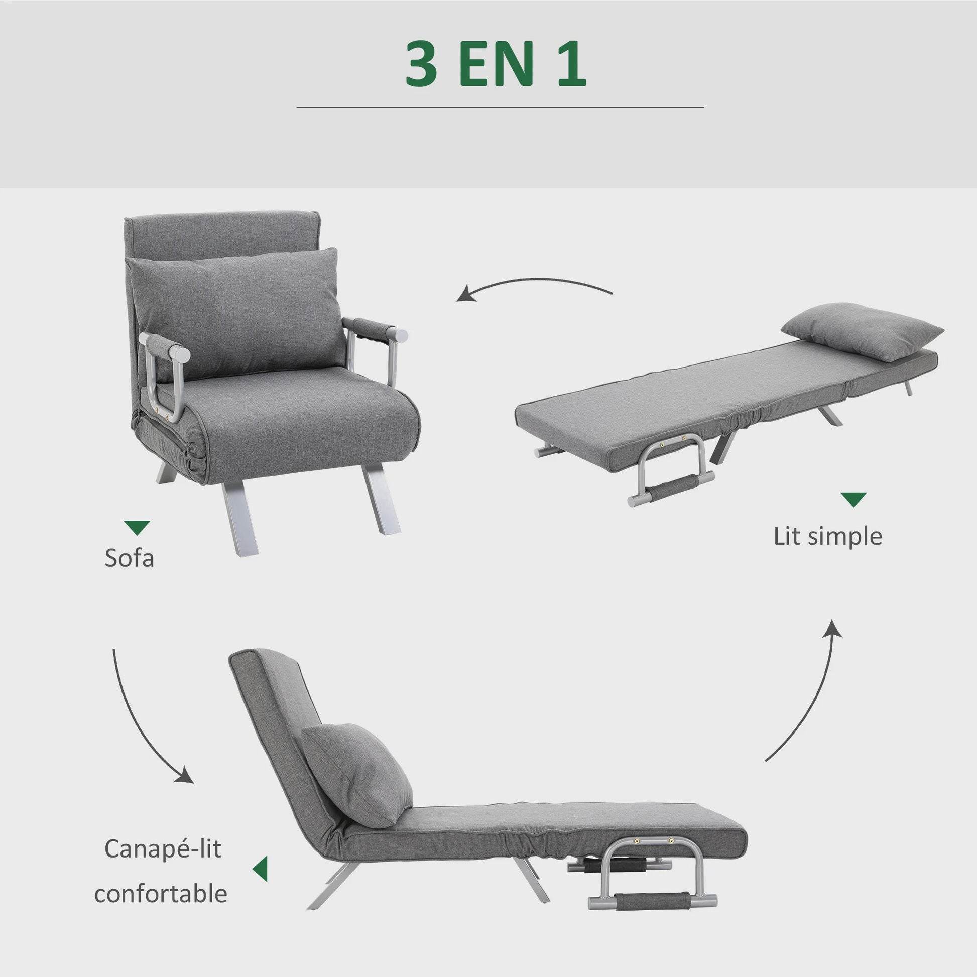 Grijze Fauteuil / Slaapbank - 3-in-1 Multifunctioneel en Comfortabel