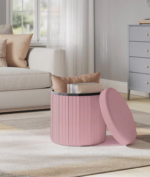 Ronde Opbergpoef met Afneembare Deksel - Beige Fluweel
