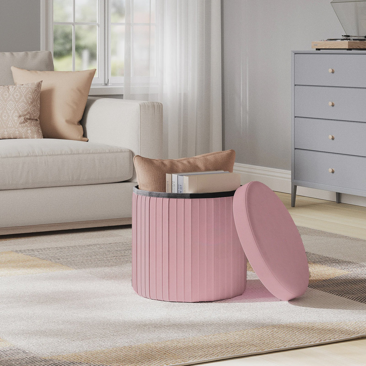 Ronde Opbergpoef met Afneembare Deksel - Beige Fluweel
