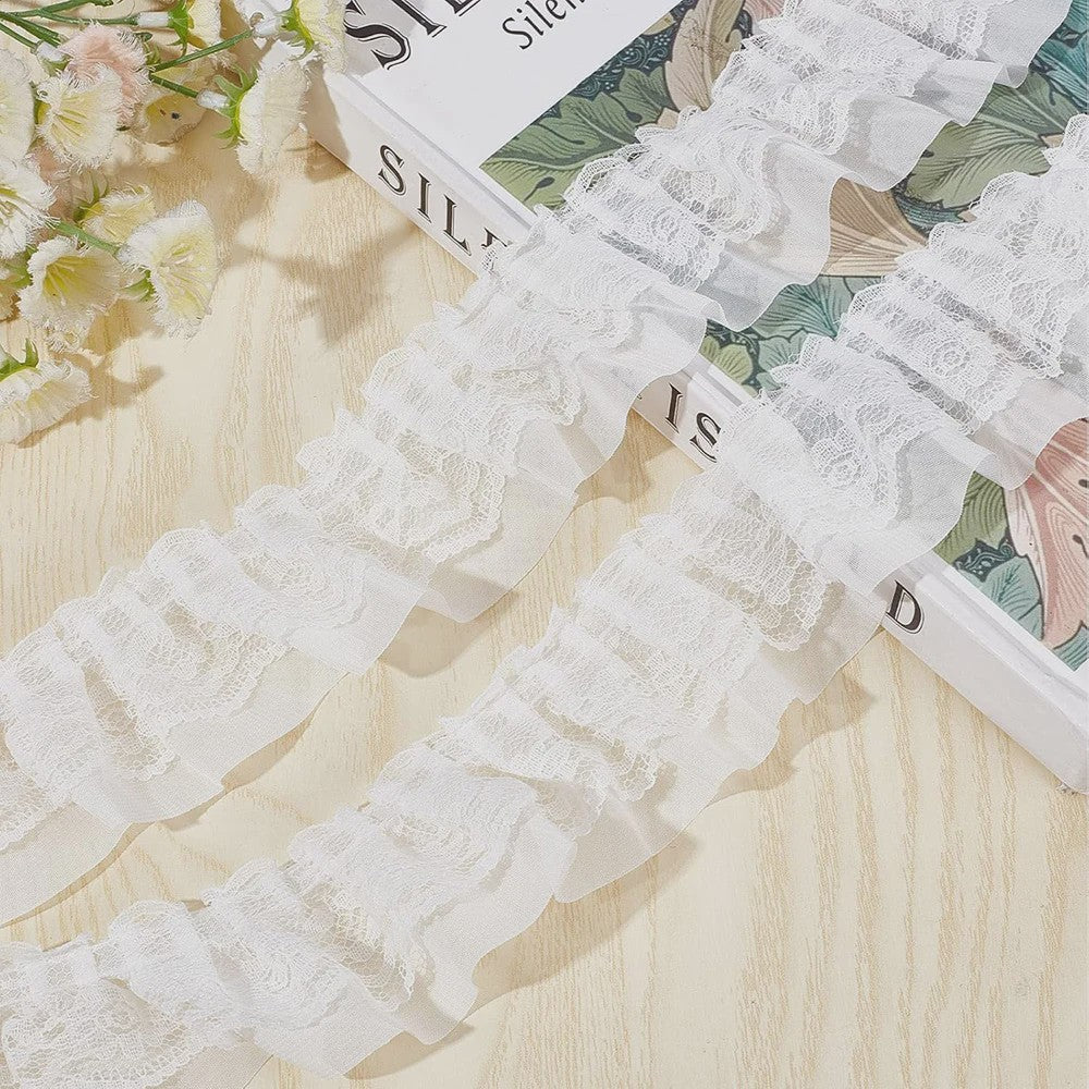 Ruffle Kantband met Borduurwerk - 5cm Breed - Zwart, Wit, Roze - DIY Decoratie