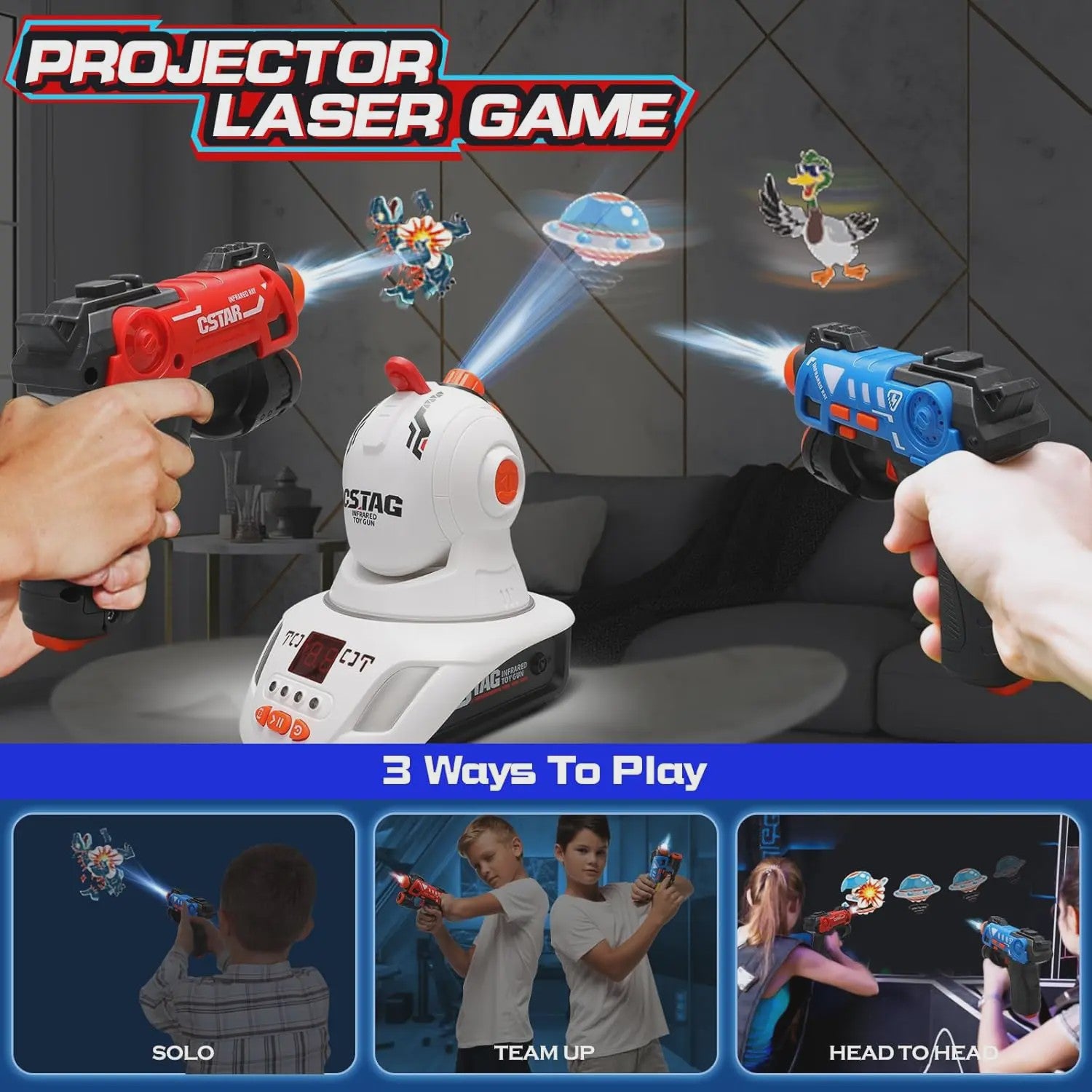 CSTAG Laser Tag Projector Spel: Interactieve Jacht op UFO's, Eenden & Dino's