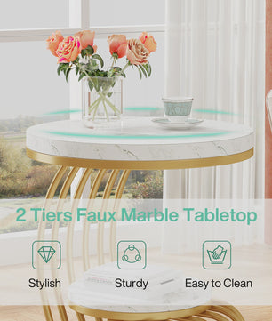 Moderne Ronde Bijzettafel met 2 Niveaus en Marmerlook - Wit Goud
