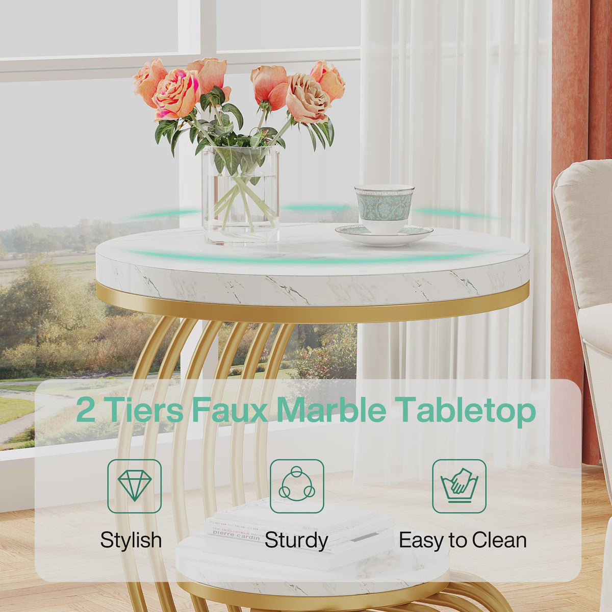 Moderne Ronde Bijzettafel met 2 Niveaus en Marmerlook - Wit Goud
