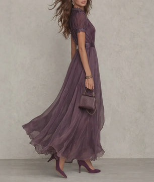 Elegante Lange Chiffon Jurk met Kant en Keyhole Hals - Dames Avondjurk