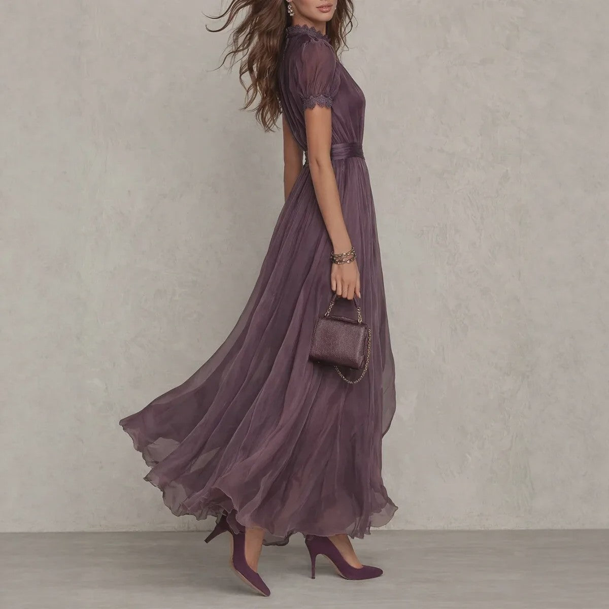 Elegante Lange Chiffon Jurk met Kant en Keyhole Hals - Dames Avondjurk
