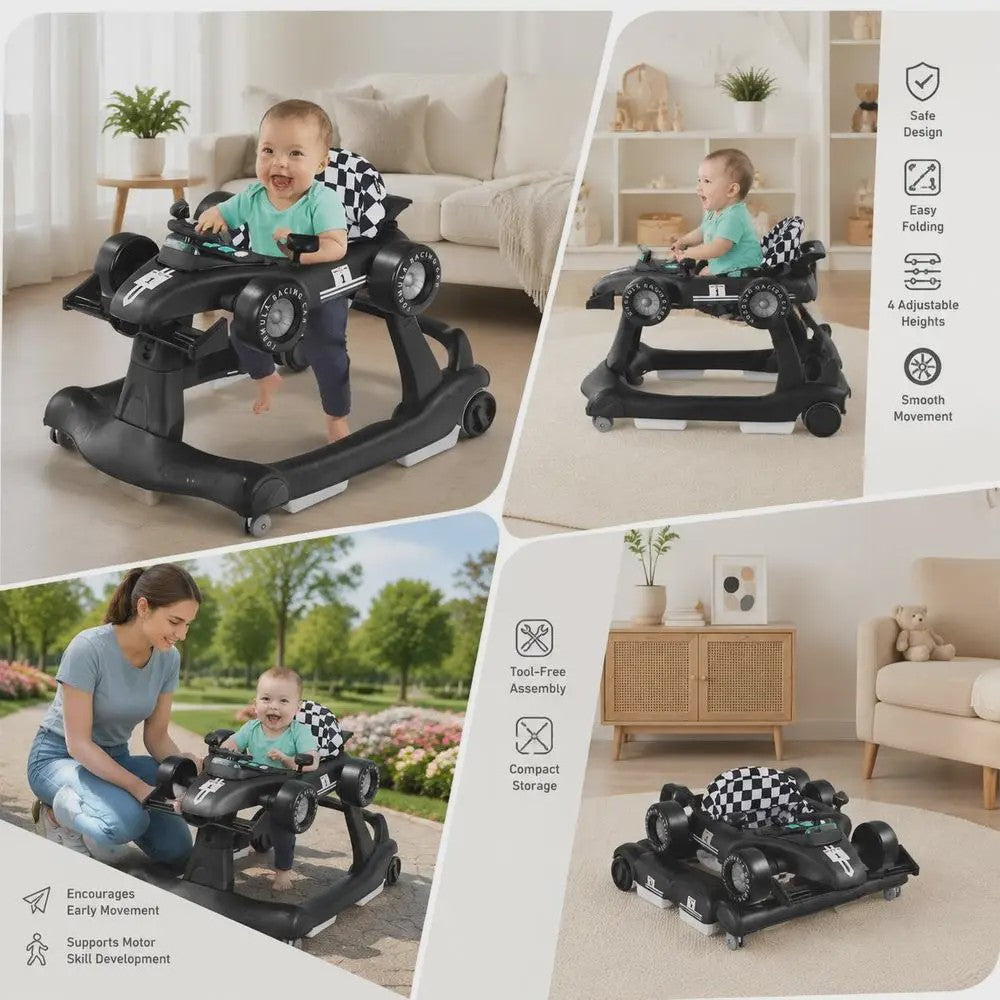 4-in-1 Baby Walker Raceauto - Verstelbaar, Opvouwbaar & Veilig