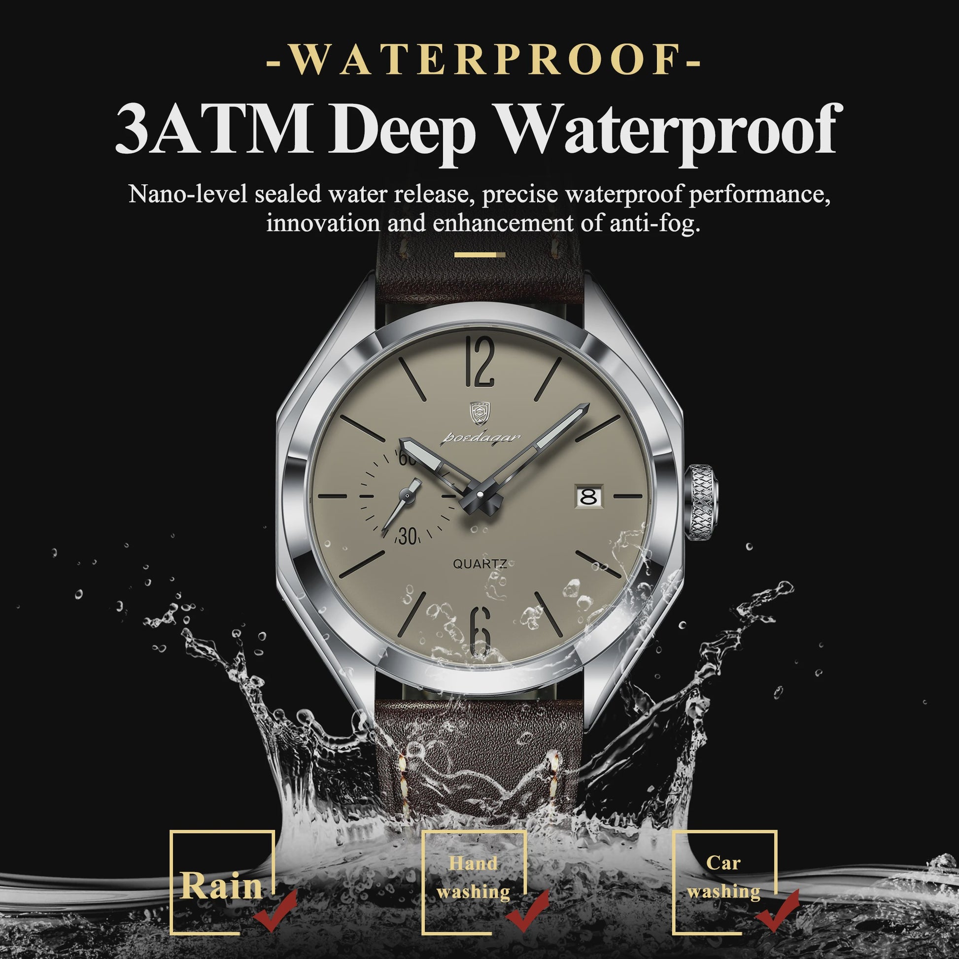 POEDAGAR Herenhorloge Leer - Zakelijk & Casual Kwarts Horloge met Datum & Waterdicht