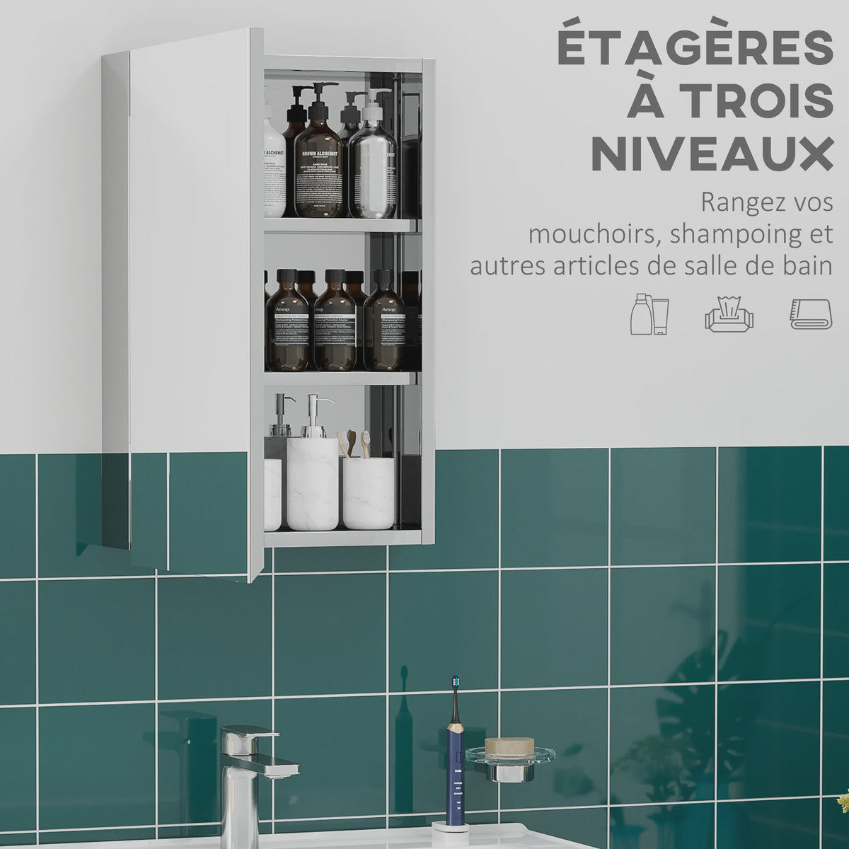 RVS Spiegelkast Badkamer met 1 Deur en 2 Legplanken - 39x12x60 cm