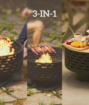 Outsunny 3-in-1 Vuurschaal met Grillrooster - Ø60cm - Vuurkorf, BBQ & Tuin Tafel