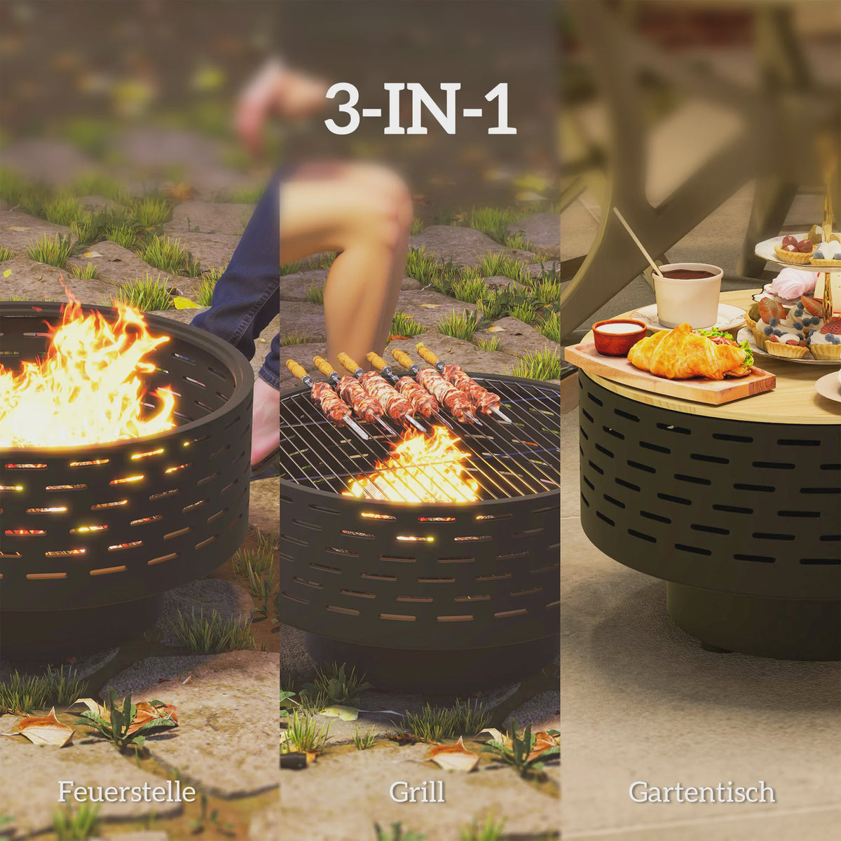 Outsunny 3-in-1 Vuurschaal met Grillrooster - Ø60cm - Vuurkorf, BBQ & Tuin Tafel