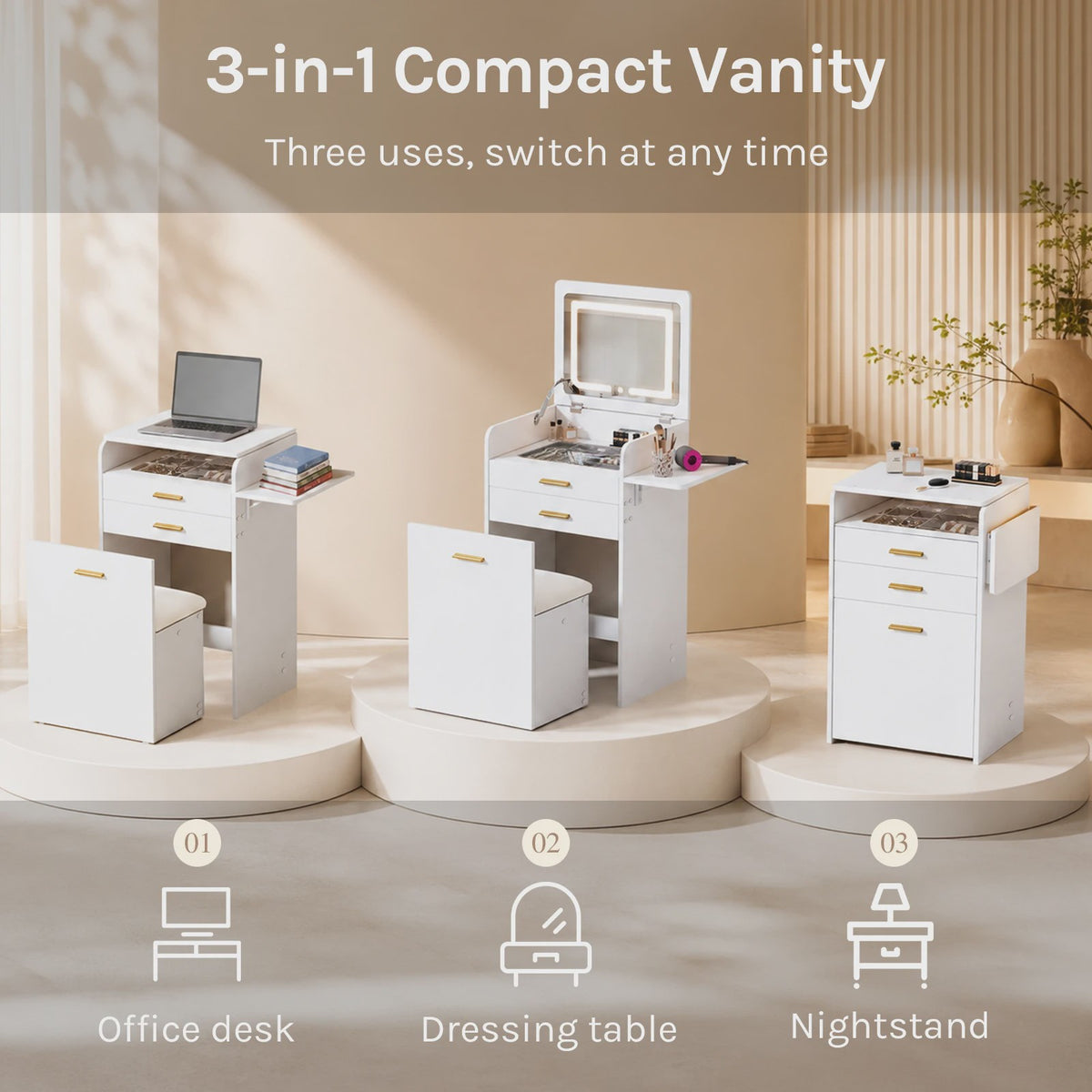 WOLTU Kaptafel met LED Spiegel, Verrijdbare Opbergkruk & Glazen Blad - 3-in-1 Make-up Tafel