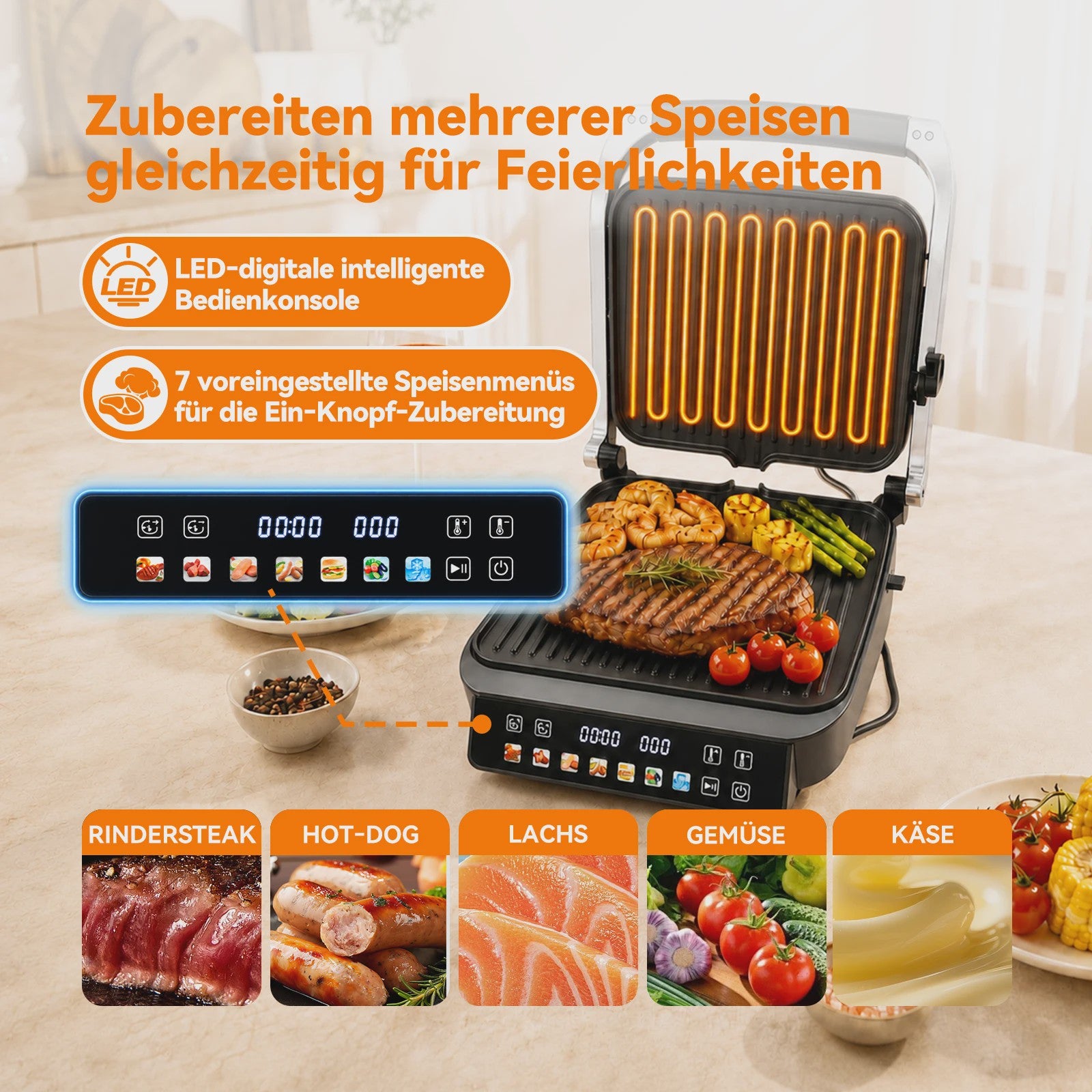 SLG5029 Elektrische Contact Grill 2000W - Digitaal, met Vleesthermometer, Panini Press & 180° Open Functie