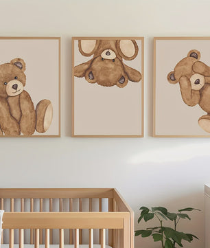 Set van 3 Schattige Bruine Beer Canvas Posters - Abstracte Dierenkunst voor Kinderkamer & Woonkamer