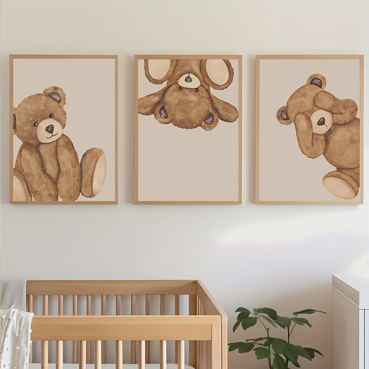 Set van 3 Schattige Bruine Beer Canvas Posters - Abstracte Dierenkunst voor Kinderkamer & Woonkamer