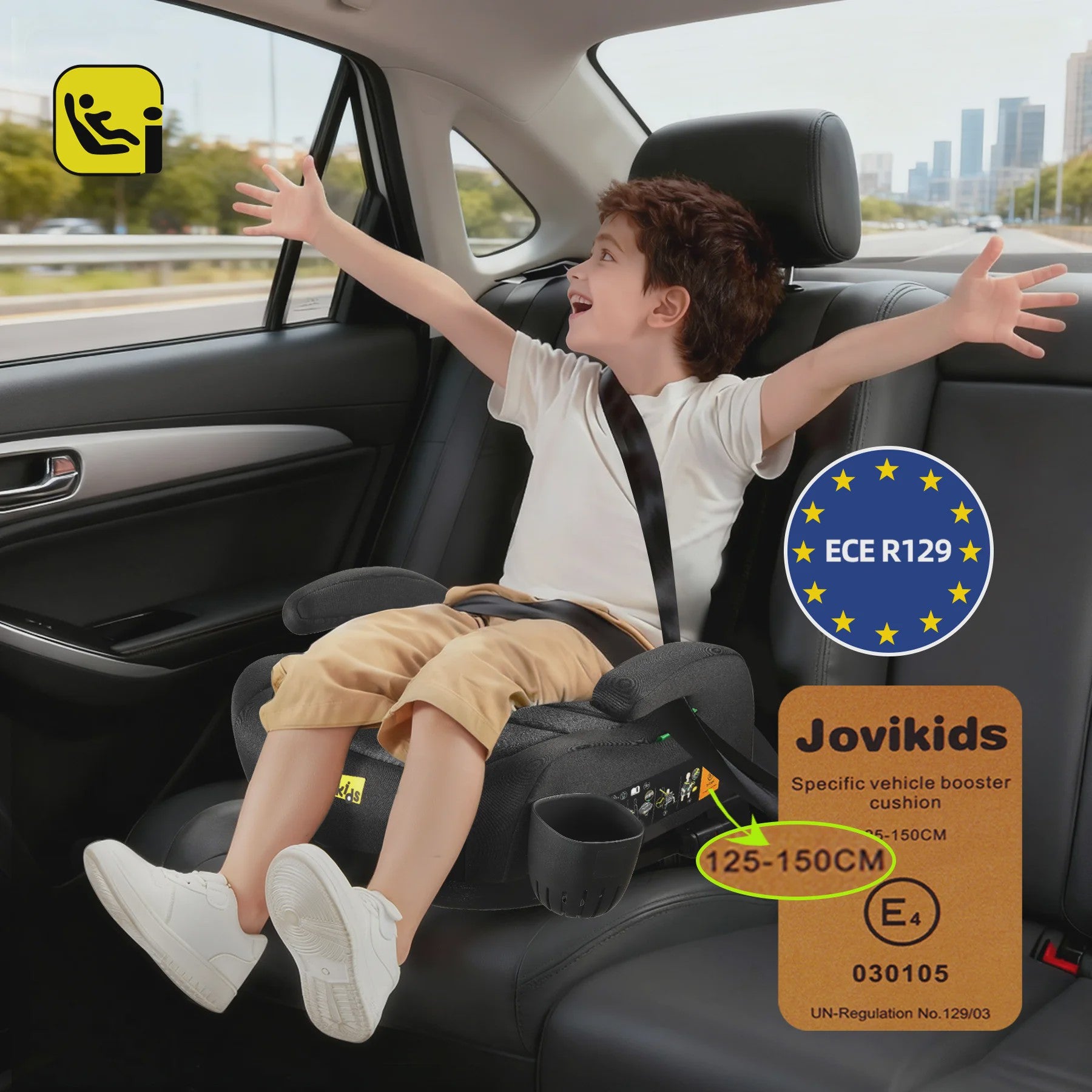 Jovikids OHHO+ Draagbare Kinder Autostoel Booster 125-150cm met Bekerhouder