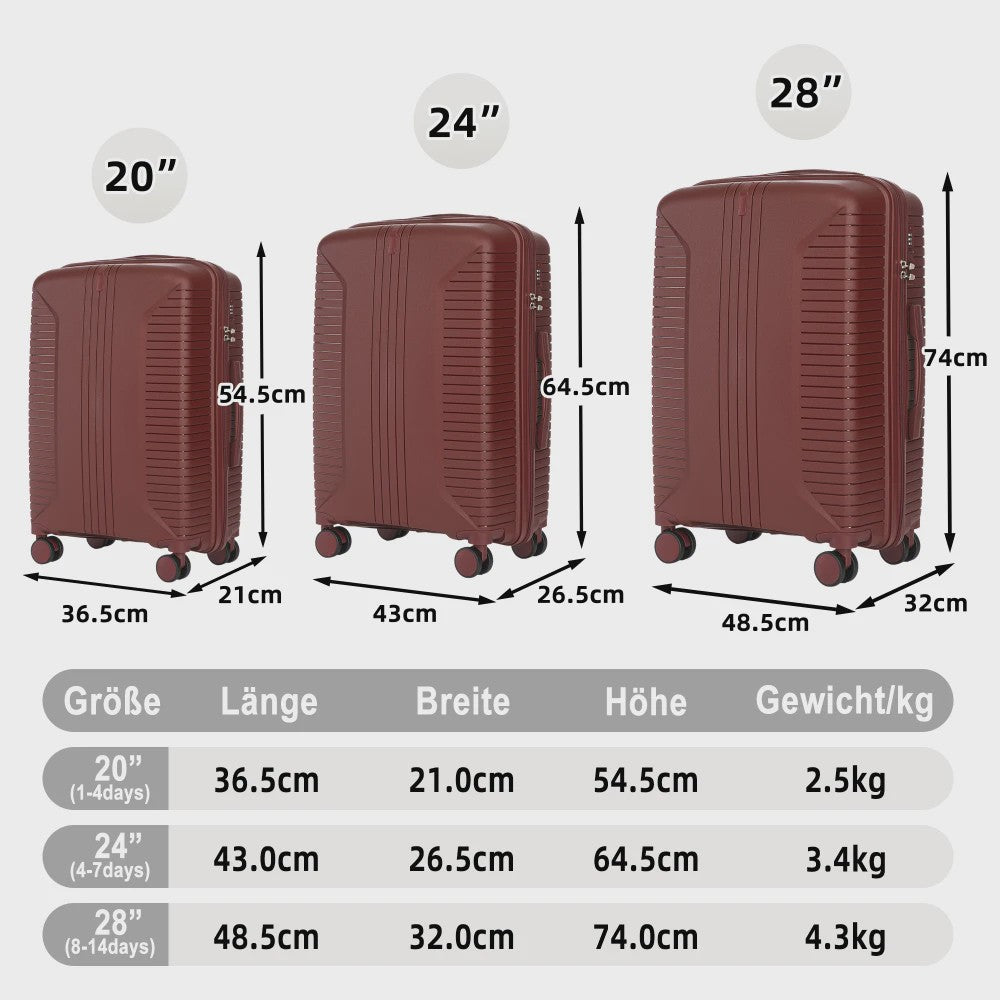 Reis Koffer Set 3-delig: 20, 24, 28 Inch Trolley met Wielen en Cijferslot
