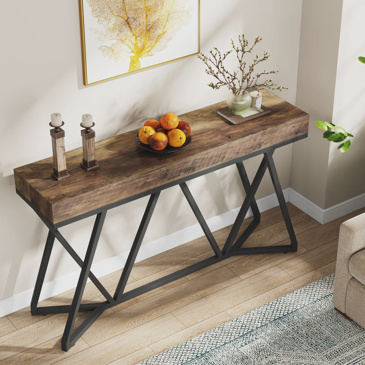 Industriële Console Tafel 140cm - Landelijke Entree Tafel met Unieke Metalen Poot