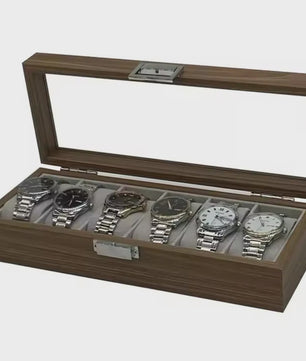 Luxe Houten Horlogedoos met Glazen Deksel - 6 Vakken - Walnoot Patroon