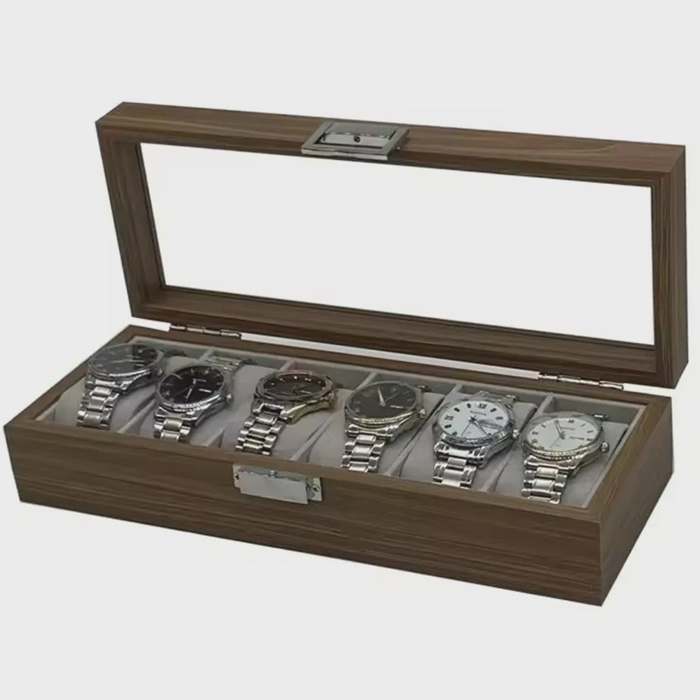 Luxe Houten Horlogedoos met Glazen Deksel - 6 Vakken - Walnoot Patroon