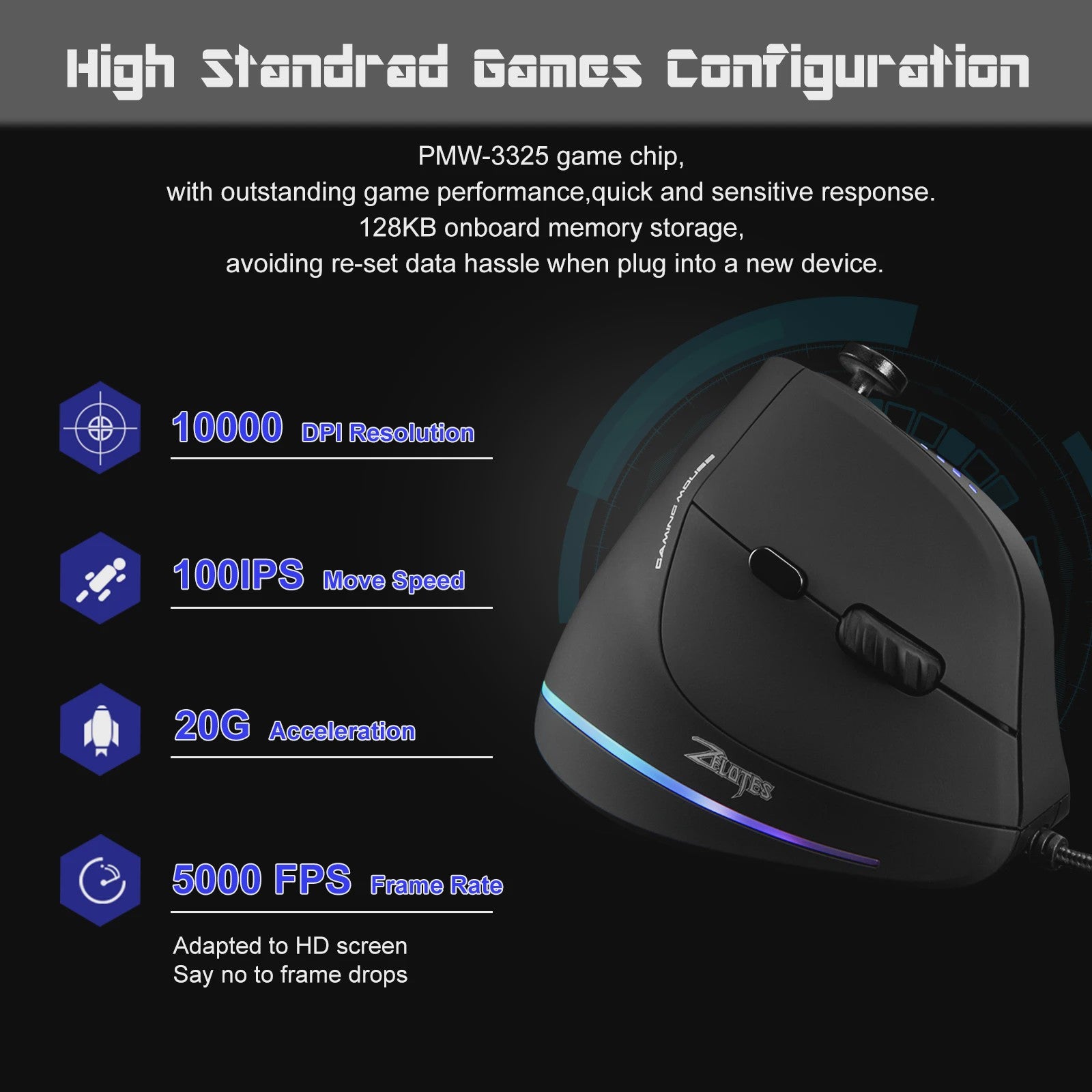 ZELOTES C18 Verticale Ergonomische Gaming Muis - 10000 DPI, RGB, Programmeerbaar