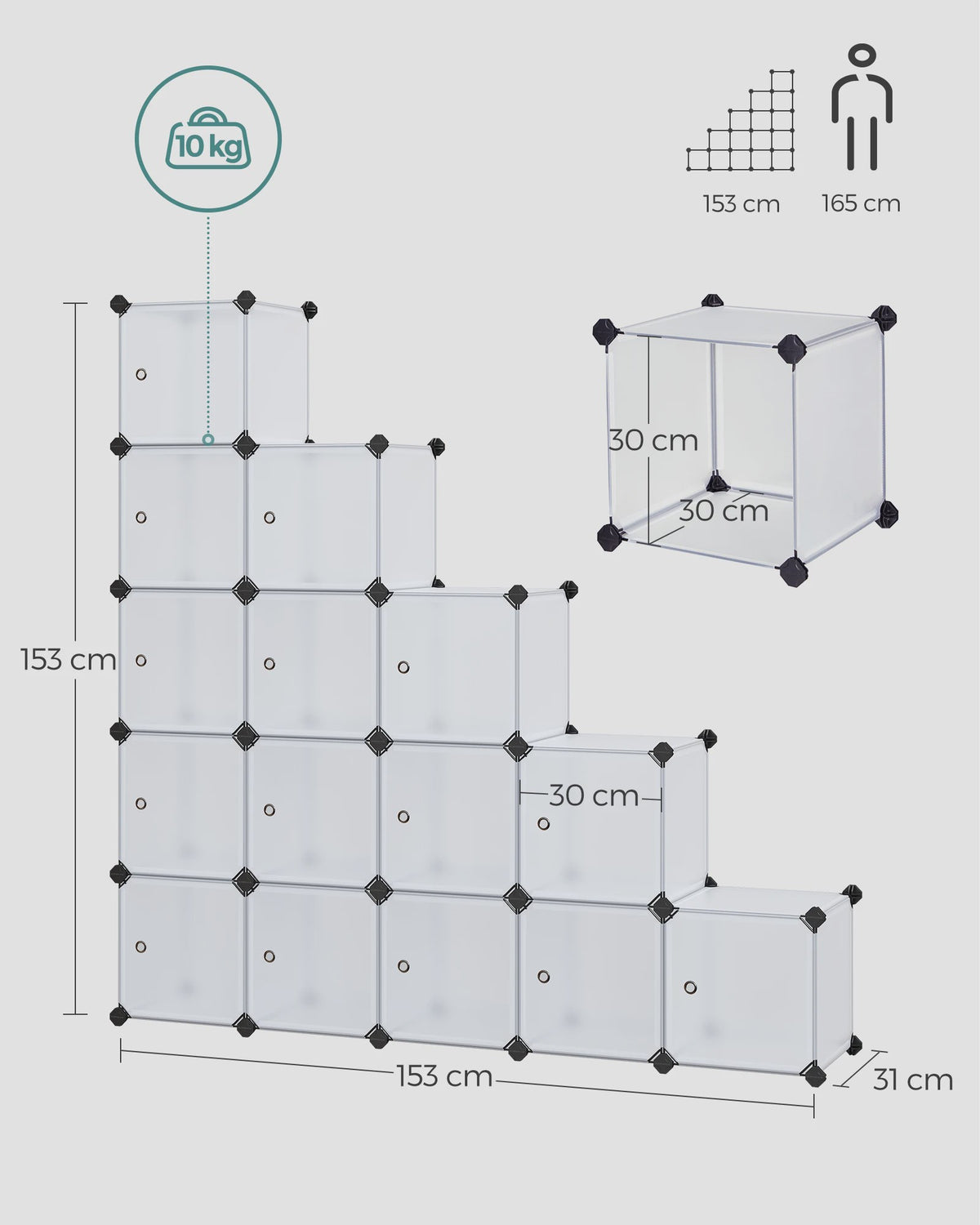 SONGMICS Modulair Opbergrek Systeem - 16 Kubussen, Wit