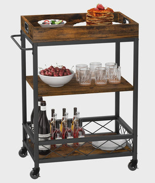 Mobiele Serveertrolley met Wijnrek - 3 Niveaus, Keukenbar & Drankwagen