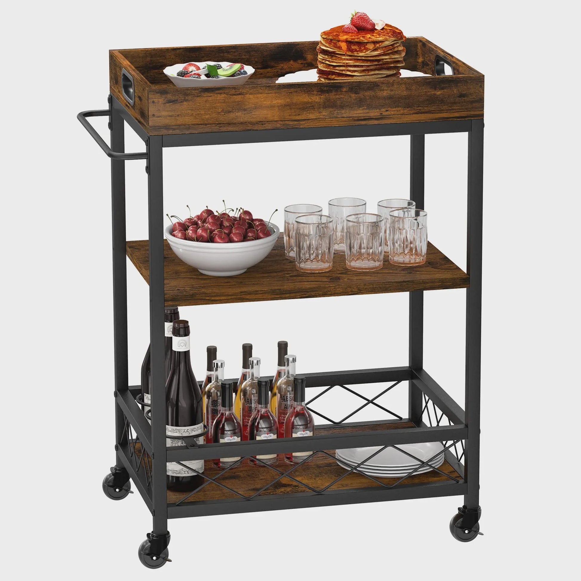 Mobiele Serveertrolley met Wijnrek - 3 Niveaus, Keukenbar & Drankwagen