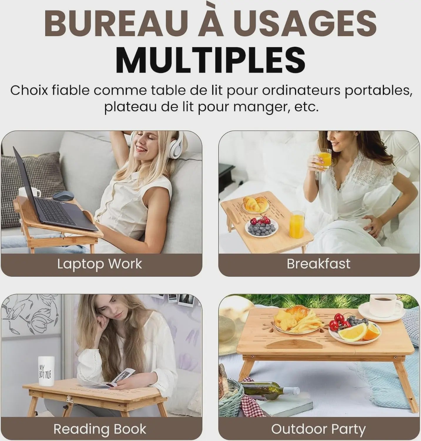 Opklapbare Bamboe Bedtafel met Verstelbare Hoogte & Kantelbaar Bureau - Ideaal voor Laptop, Ontbijt & Lezen