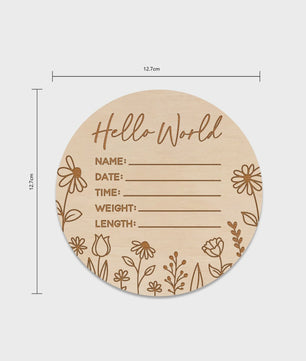 Houten Baby Aankondigingsbord 'Hello World' - Geboortegegevens met Bloemen Gravure
