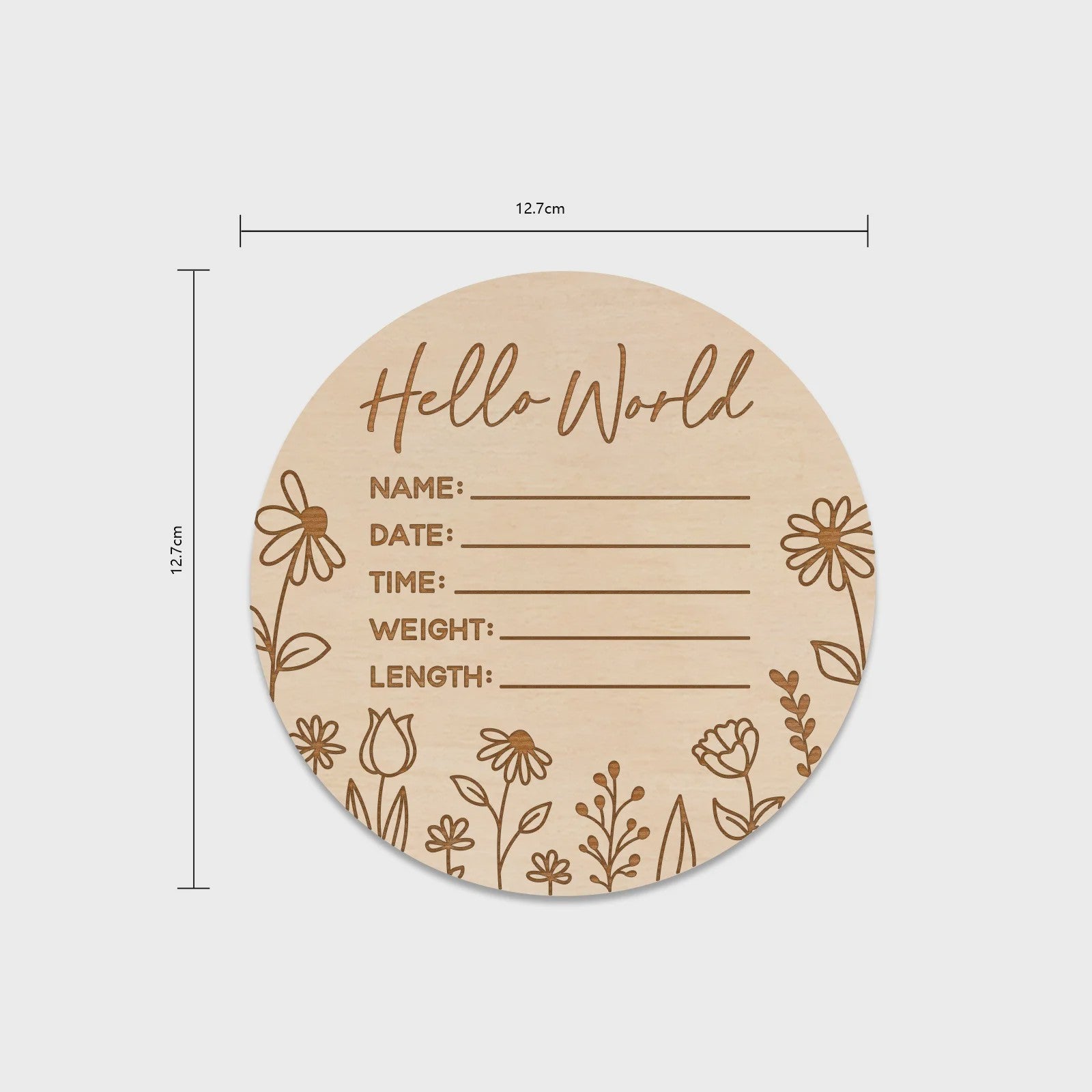 Houten Baby Aankondigingsbord 'Hello World' - Geboortegegevens met Bloemen Gravure