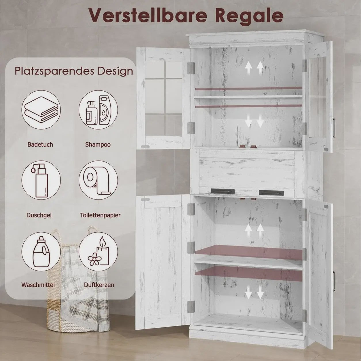 Hoge Kast met 4 Deuren, Lade en Glazen Deuren - 170 cm - Veel Opbergruimte