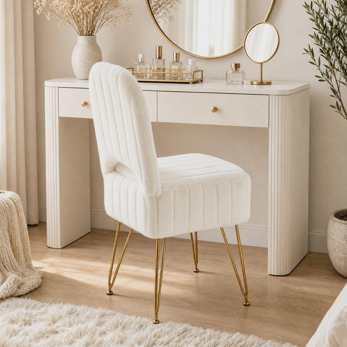 Luxe Pluche Kaptafel Kruk met Opbergruimte en Inklapbare Rugleuning - Zacht & Stijlvol