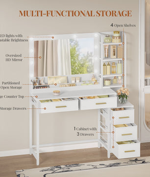 Kaptafel Wit met Groot Spiegel, 5 Lades & Open Vakken, Verstelbare LED Verlichting