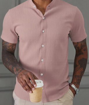 Herenshirt met Textuur en Opstaande Kraag - Korte Mouwen, Ademend & Kreukvrij