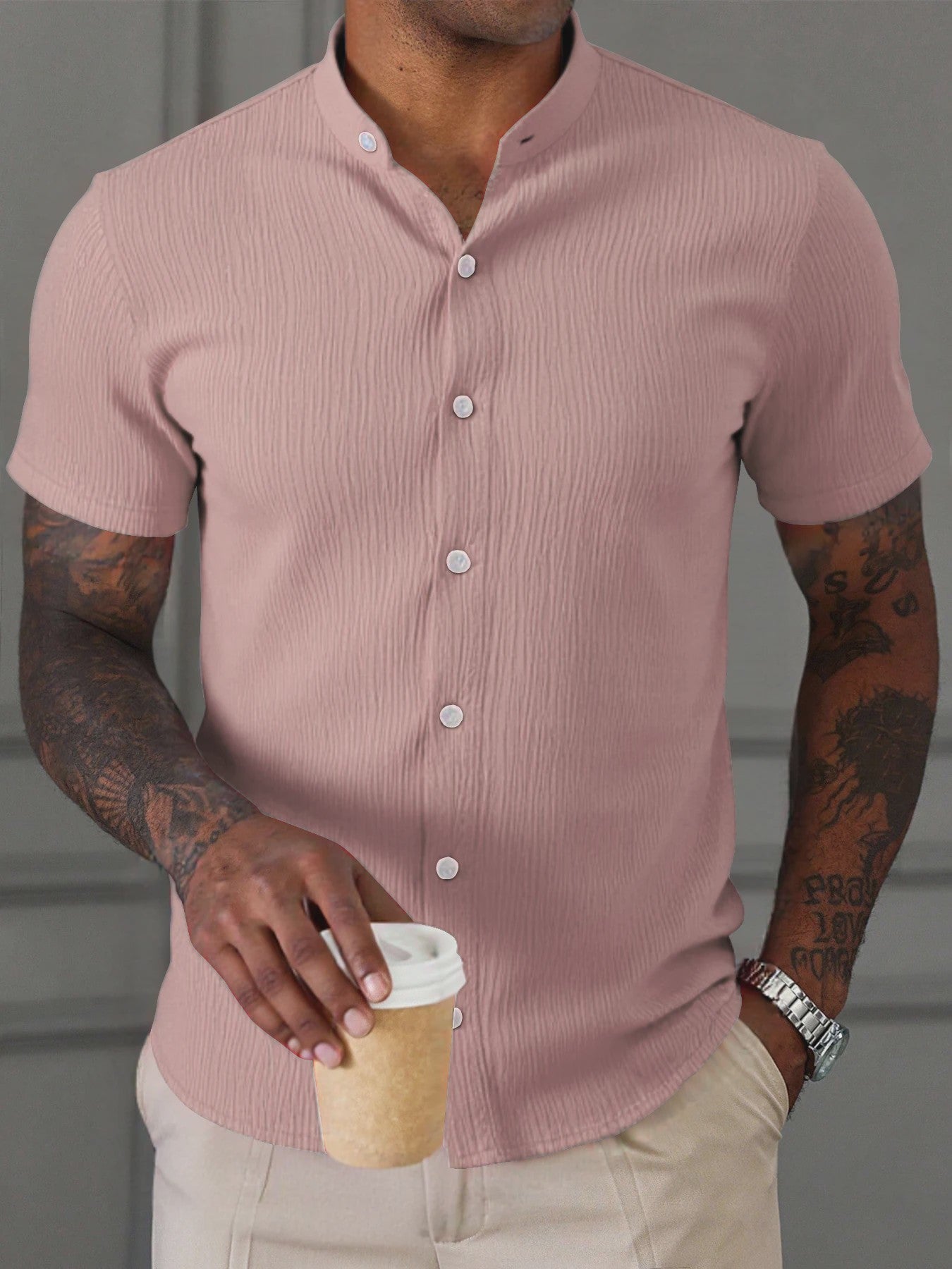 Herenshirt met Textuur en Opstaande Kraag - Korte Mouwen, Ademend & Kreukvrij