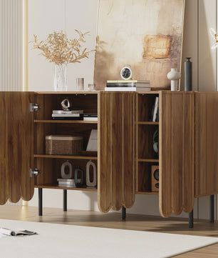 Modern Houten Sideboard met Golfdeuren - 120x35x80 cm - Handgreeploos, Verstelbare Planken
