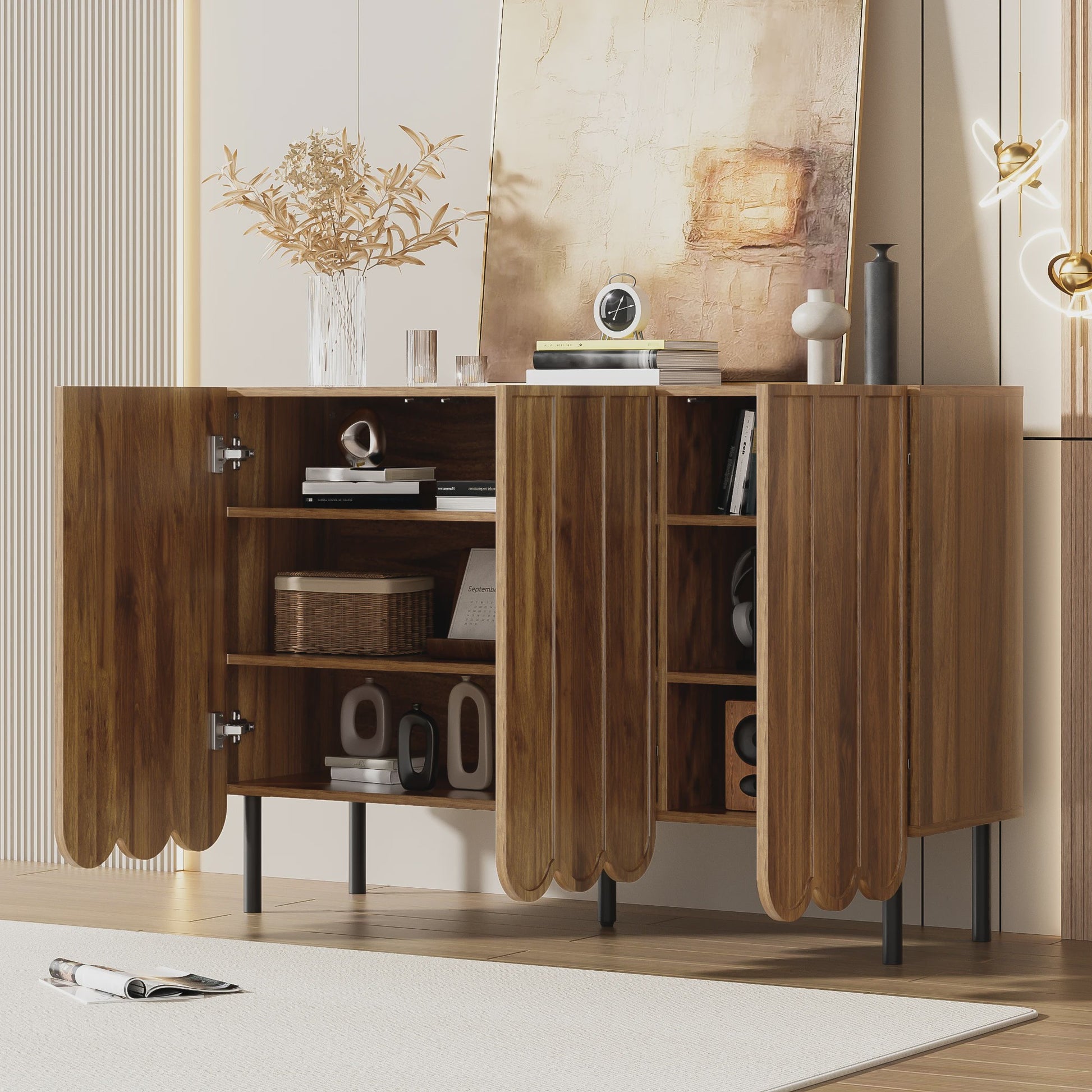 Modern Houten Sideboard met Golfdeuren - 120x35x80 cm - Handgreeploos, Verstelbare Planken