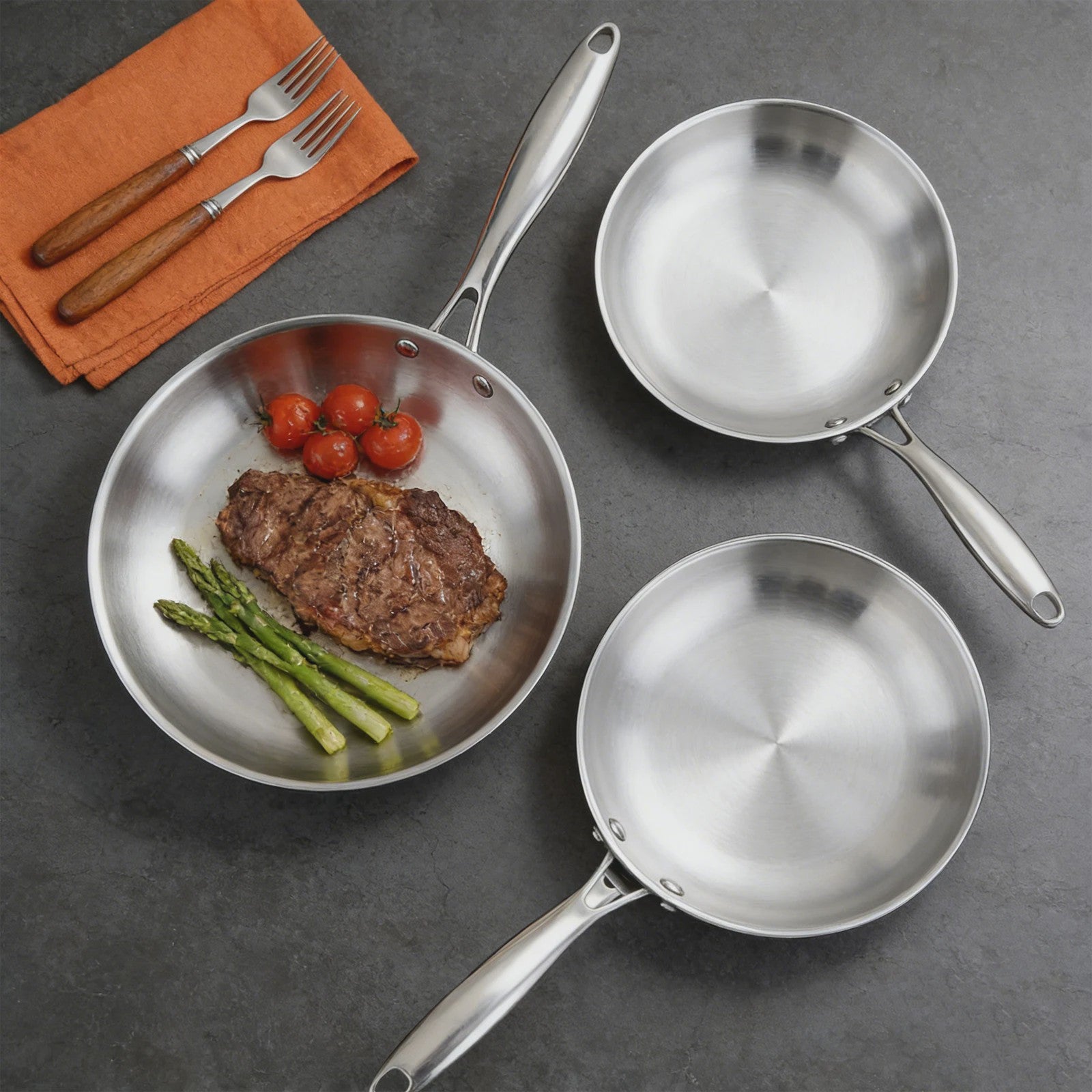 3-delige RVS Koekenpan Set - Snel & Gelijkmatig Verwarmen, Gezond Koken