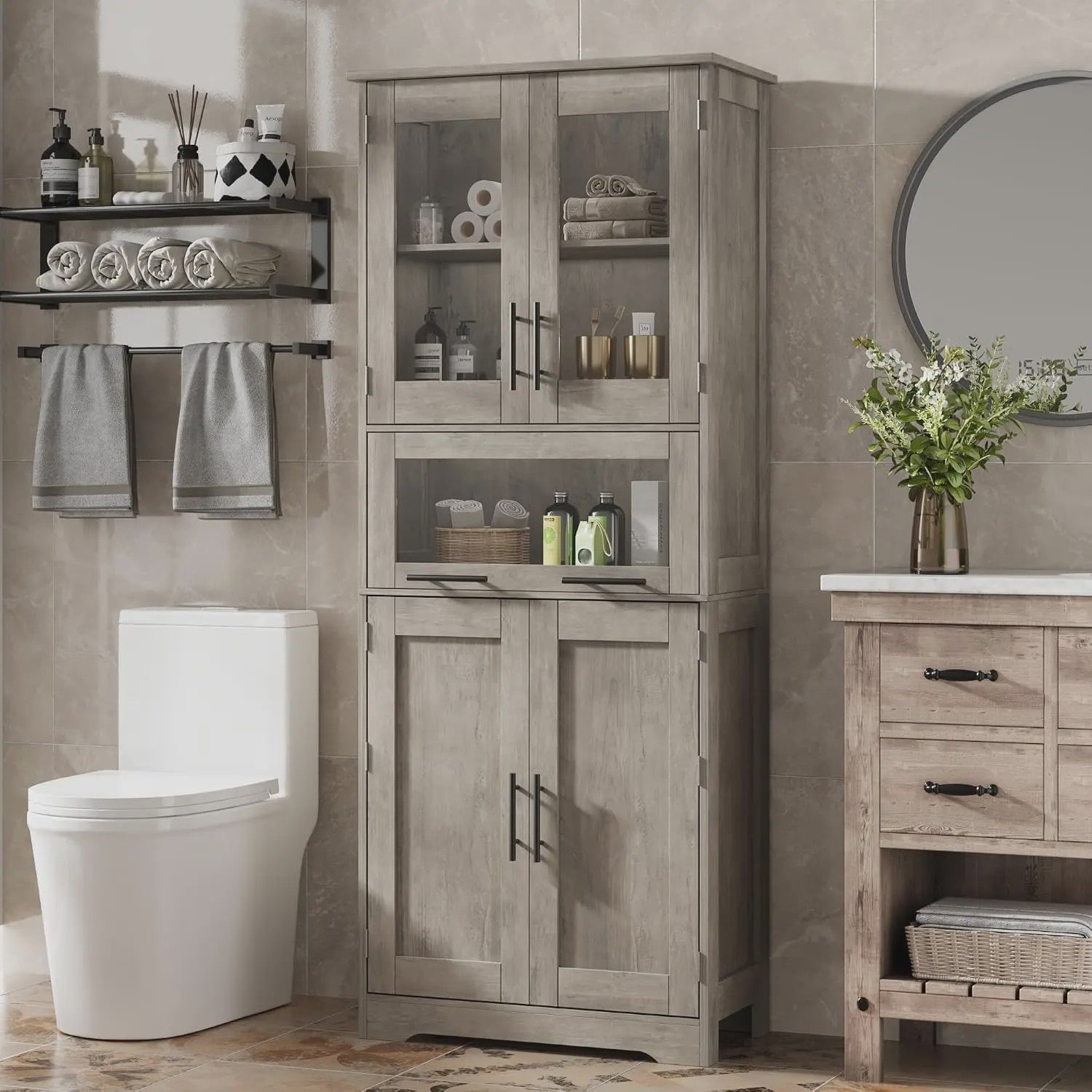 Grijze Smalle Hoge Badkamerkast met 4 Deuren, 1 Lade & Verstelbare Planken - 60x30x170 cm