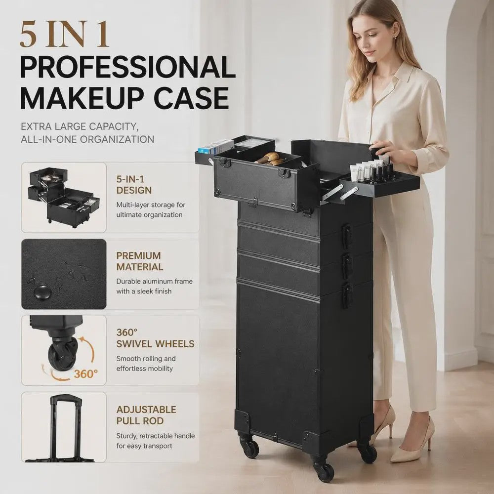 Professionele Make-up Koffer met Aluminium Frame - 5-in-1 Organisatie & 360° Wielen