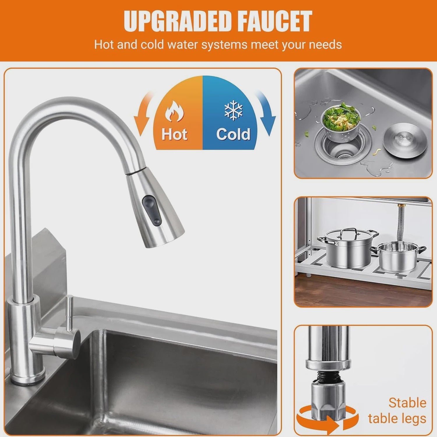 RVS Vrijstaande Spoelbak met Warm & Koud Water Kraan - Ideaal voor Keuken, Wasruimte, Badkamer