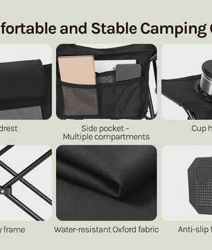 Opvouwbare Campingstoel met Verstelbare Rugleuning, Hoofdsteun, Bekerhouder en Zijvakken - Draagbaar en Comfortabel