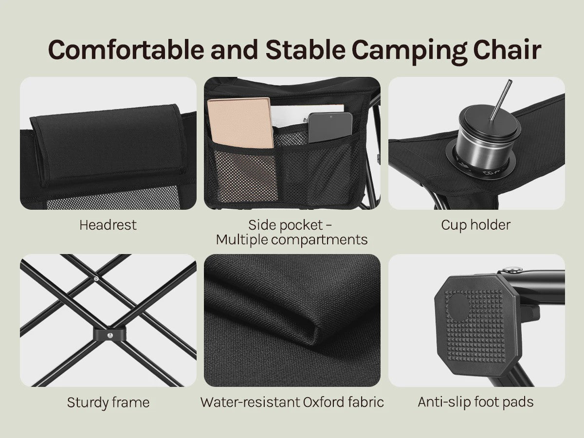 Opvouwbare Campingstoel met Verstelbare Rugleuning, Hoofdsteun, Bekerhouder en Zijvakken - Draagbaar en Comfortabel