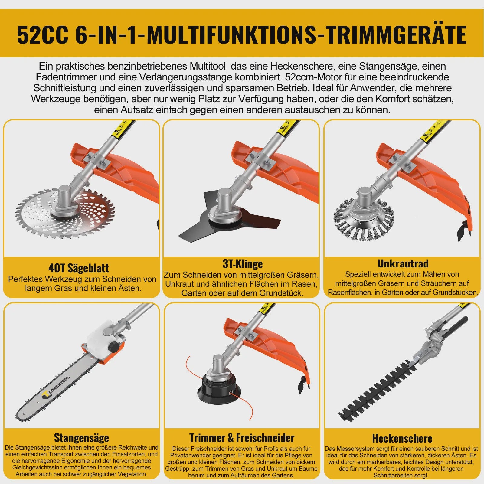 CONENTOOL 6-in-1 Benzine Bosmaaier met Kettingzaag & Heggenschaar - 52cc Krachtig Tuingereedschap
