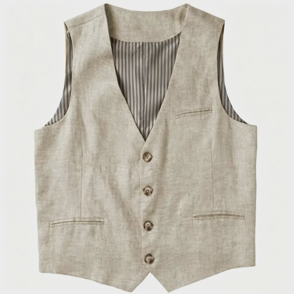 Linnen Heren Gilet - Zomer Waistcoat V-hals Single Breasted Lichtgewicht