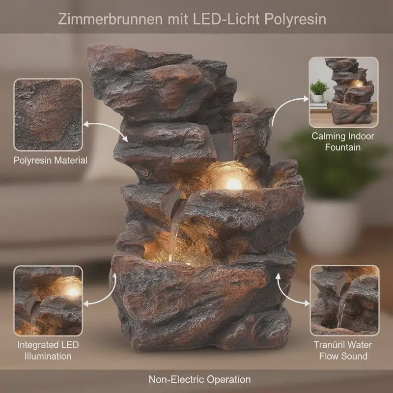Stijlvolle Binnenfontein met LED Verlichting - Polyresin Rots Design