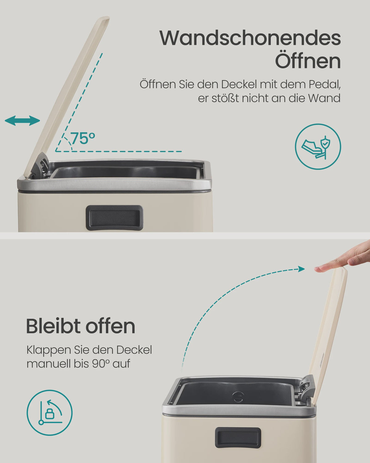50L RVS Prullenbak met Soft-Close Deksel, Verwijderbare Binnenemmer & Handgrepen